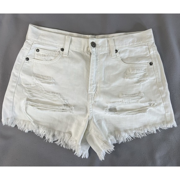American Eagle Outfitters Pants - American Eagle Festival High Rise MIDI Jean Shorts White Ripped Distressed Sz 10